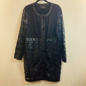 BETTY BARCLAY Sz 14 Knit Vegan Leather Houndstooth Floral Sheer Lace Long Jacket